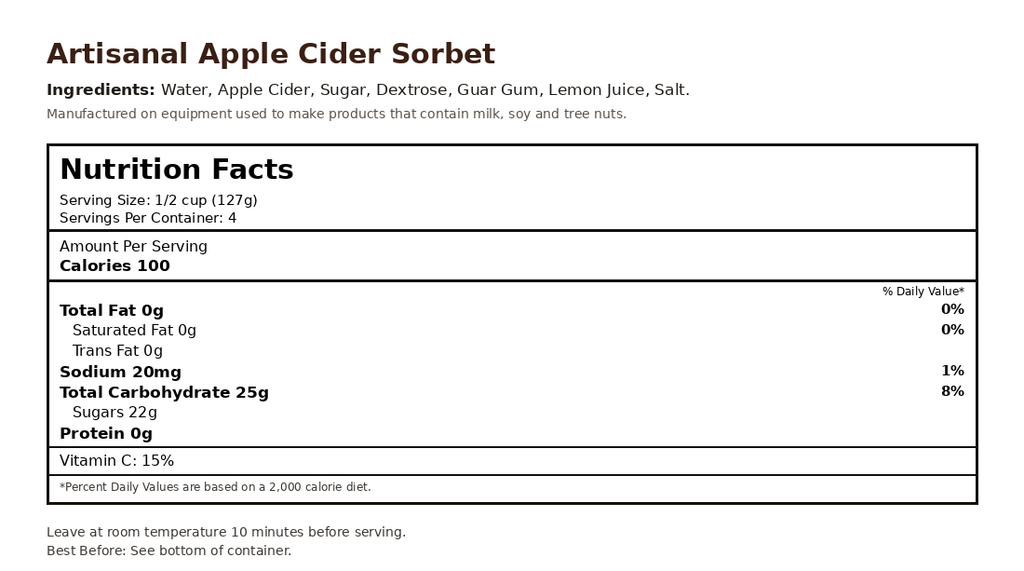 Apple Cider Sorbet nutrition facts label