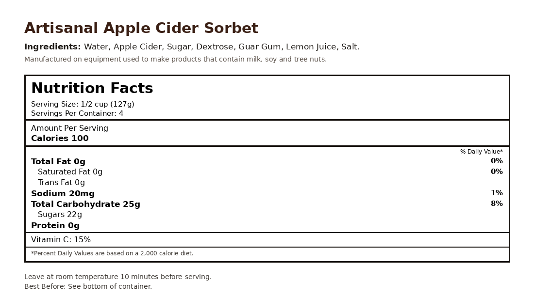 Apple Cider Sorbet nutrition facts label