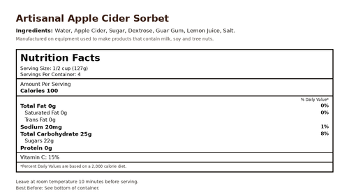 Apple Cider Sorbet nutrition facts label