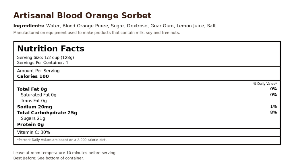 Blood Orange Sorbet nutrition facts label