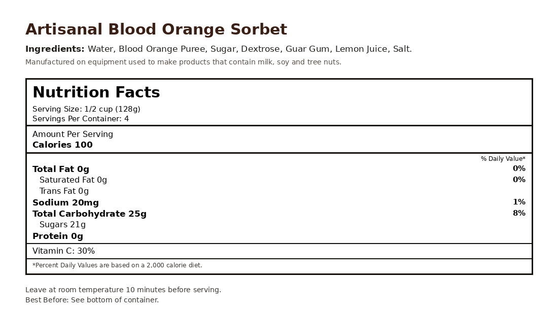 Blood Orange Sorbet nutrition facts label