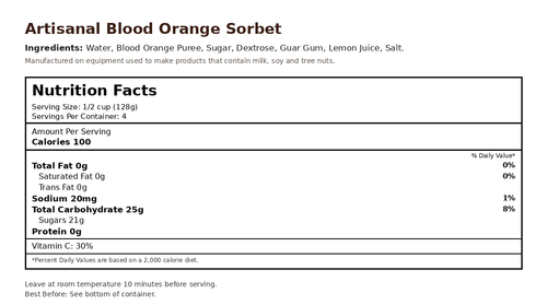 Blood Orange Sorbet nutrition facts label