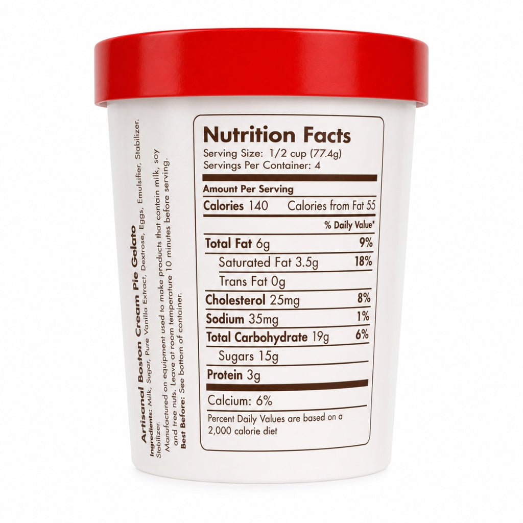 Giovanna Boston Cream Pie Gelato pint nutrition facts label