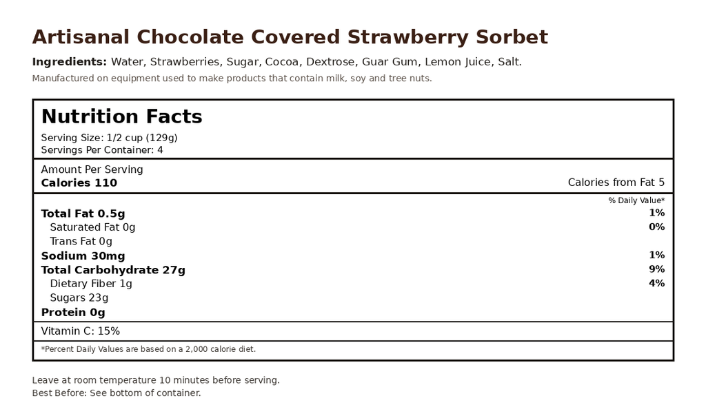 Chocolate Covered Strawberry Sorbet nutrition facts label