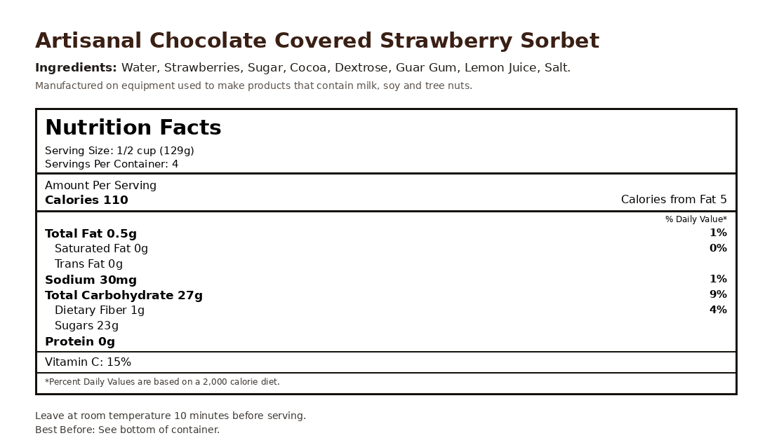Chocolate Covered Strawberry Sorbet nutrition facts label