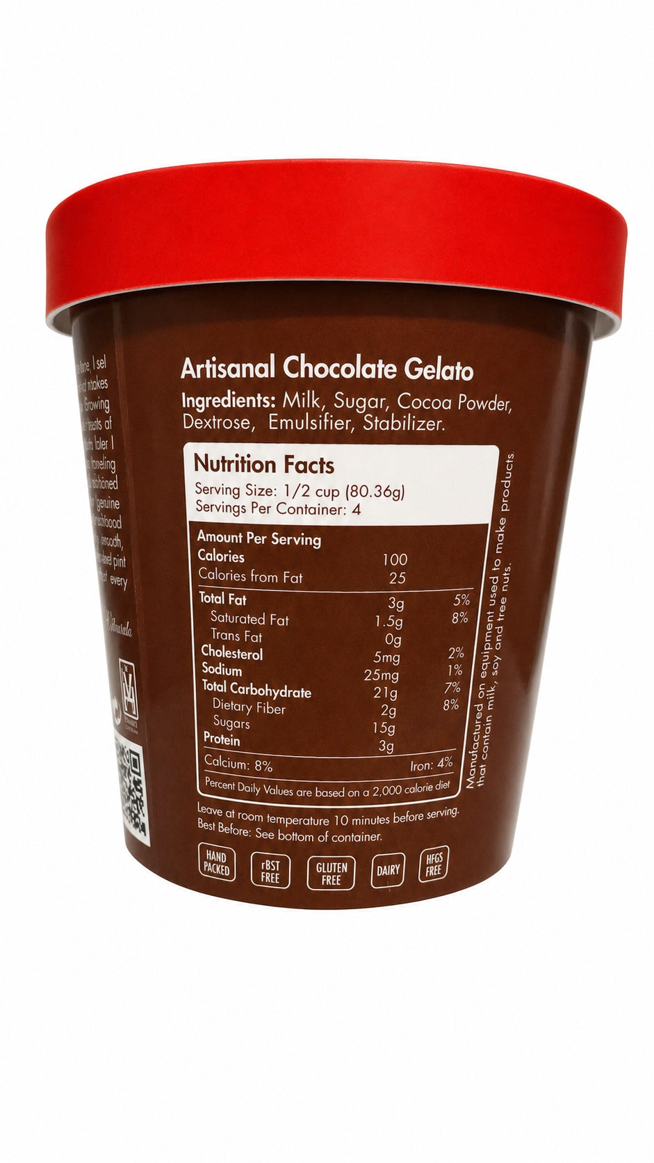 Giovanna Chocolate Gelato pint nutrition facts label