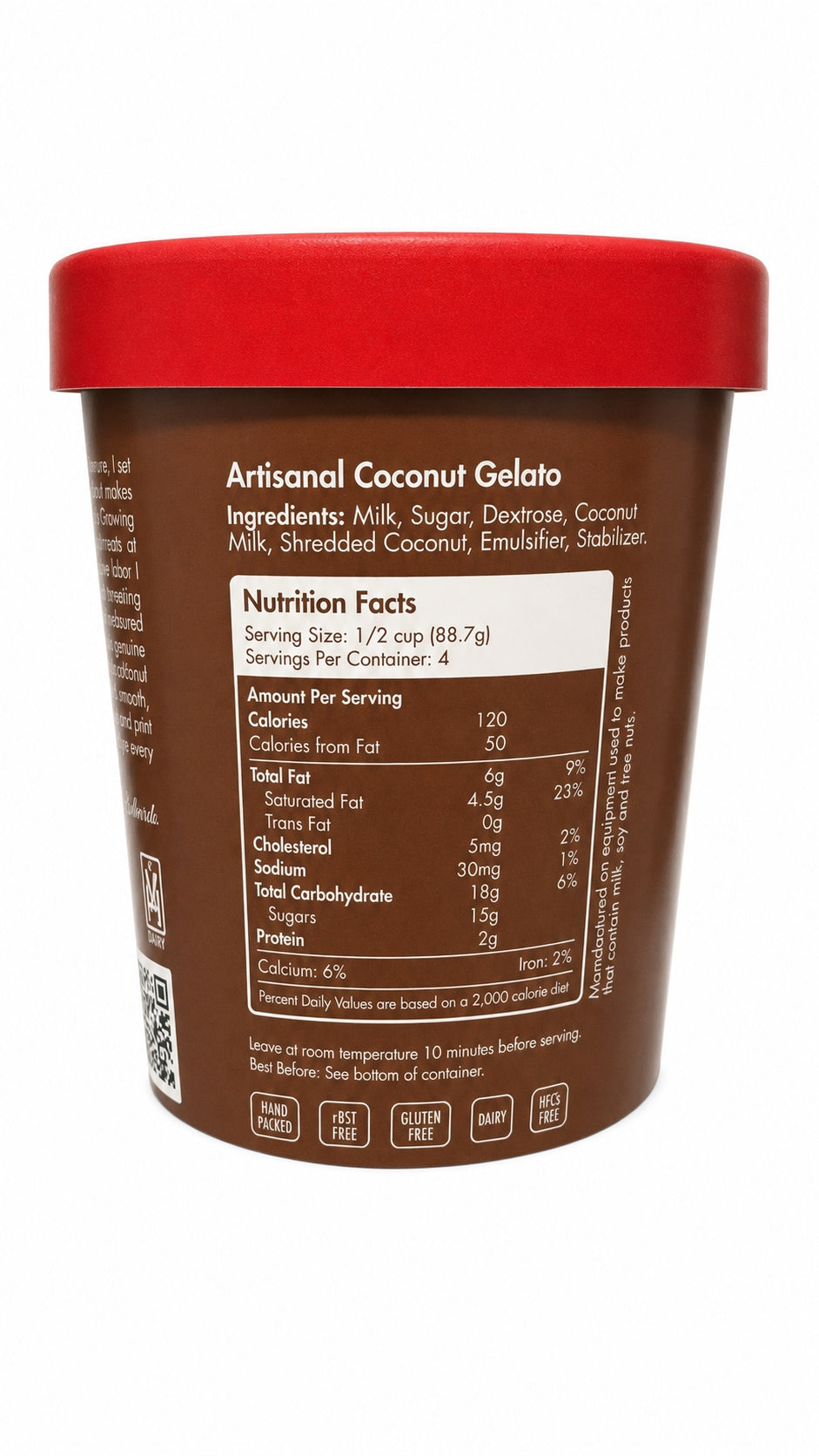 Giovanna Coconut Gelato pint nutrition facts label