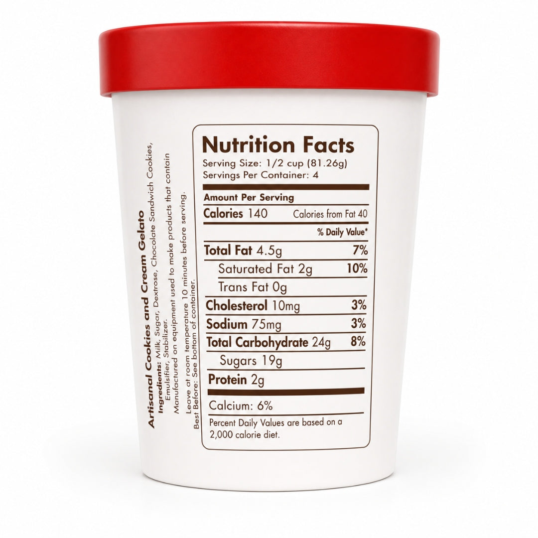 Giovanna Cookies and Cream Gelato pint nutrition facts label