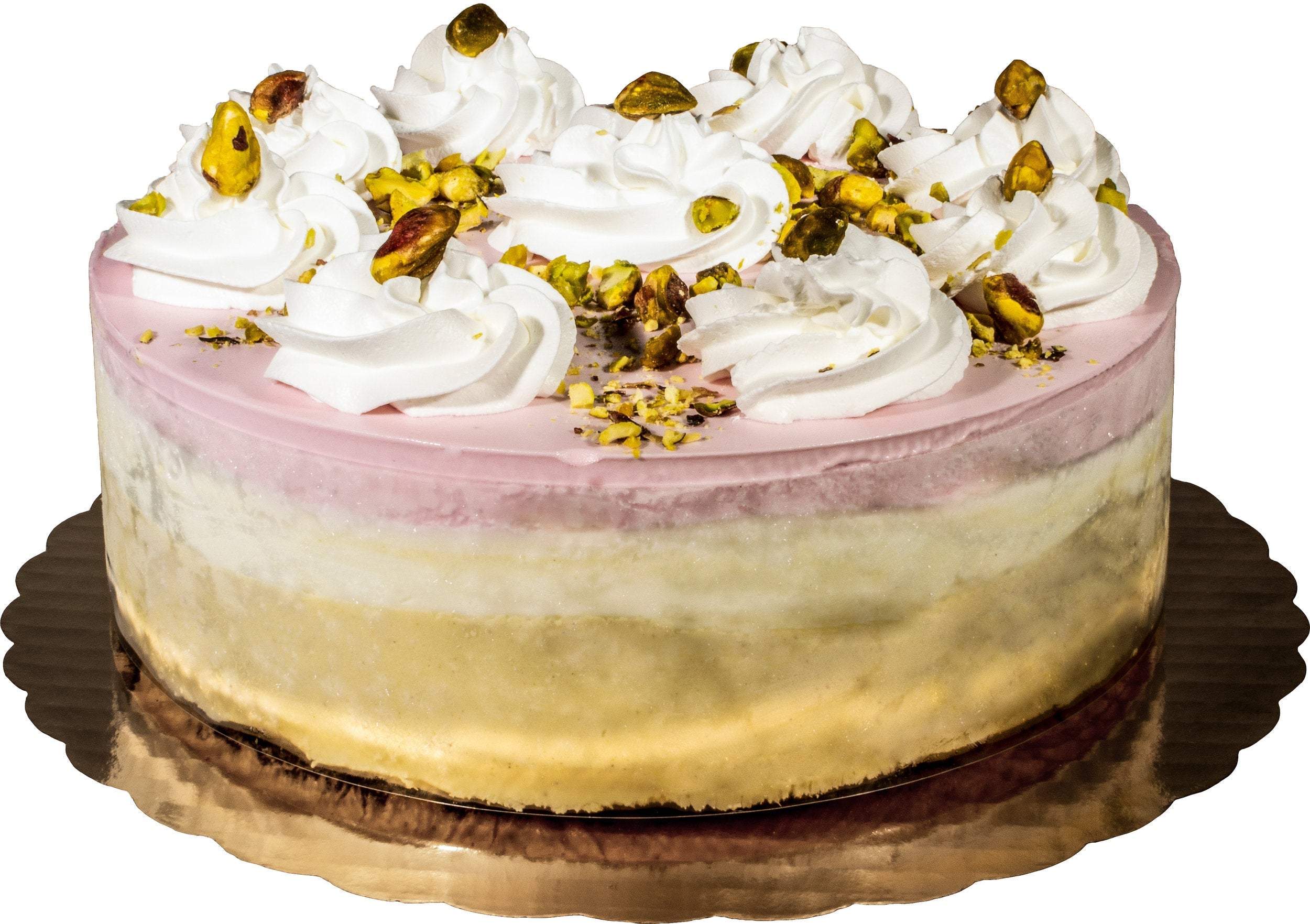Giovanna 8-inch Spumoni gelato cake with pistachio, cream and strawberry layers