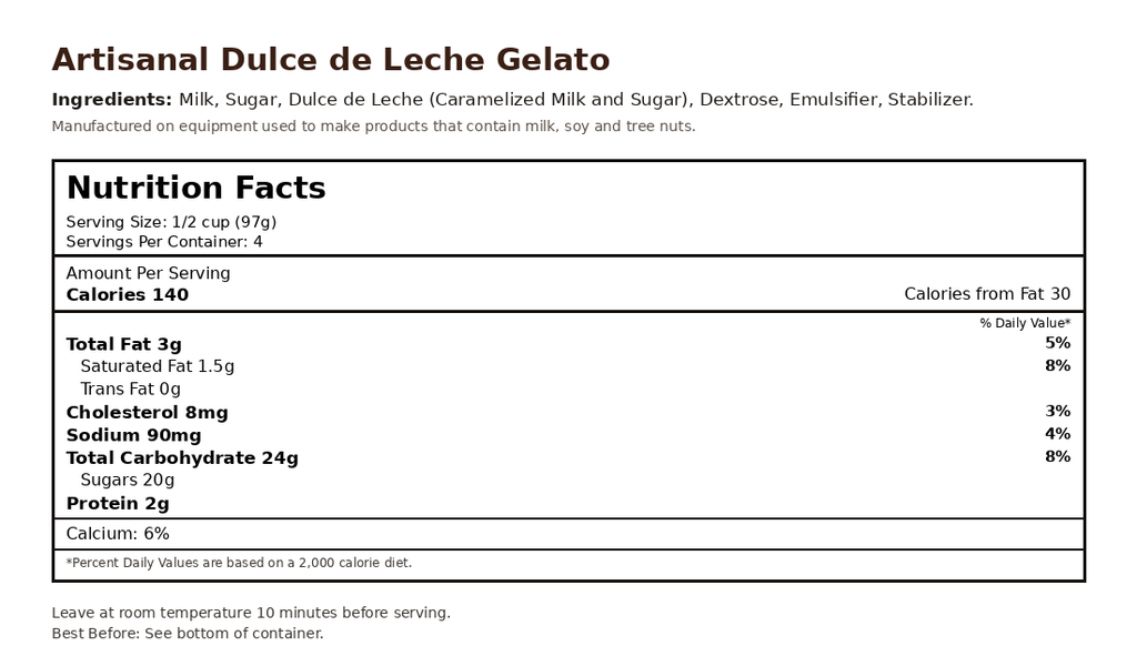 Dulce de Leche Gelato nutrition facts label
