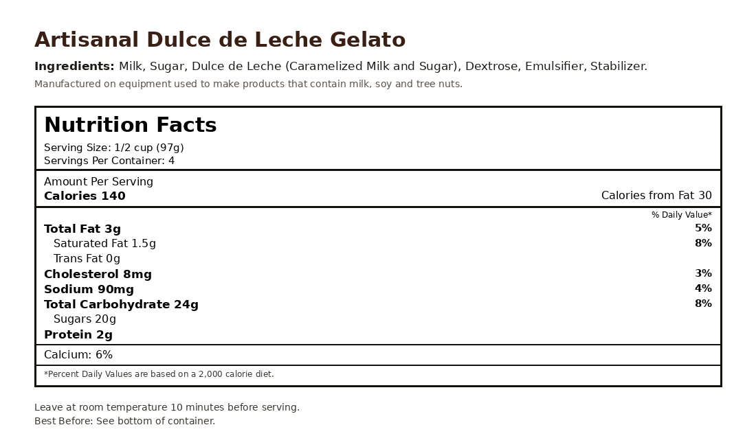 Dulce de Leche Gelato nutrition facts label