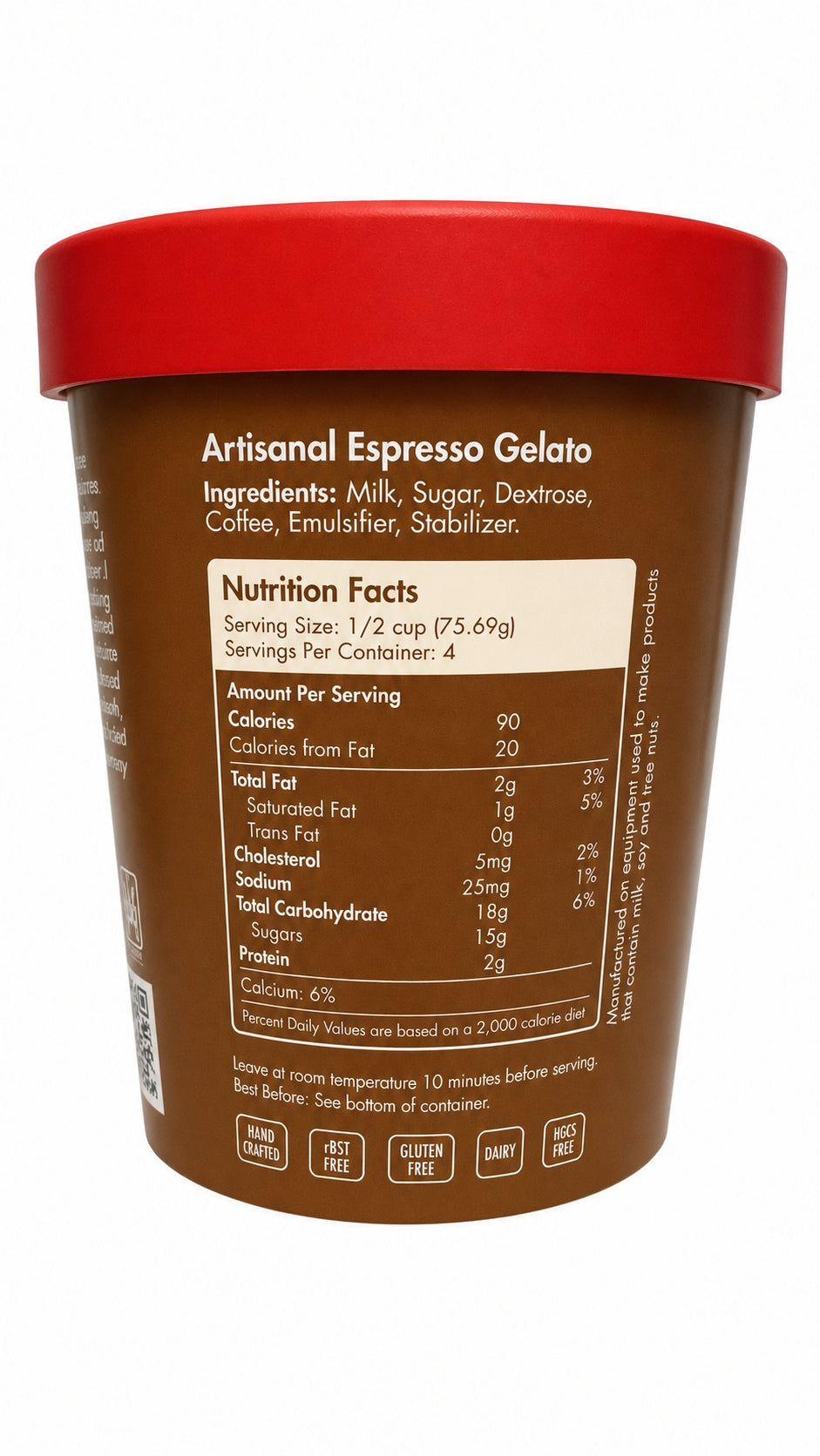 Giovanna Espresso Gelato pint nutrition facts label