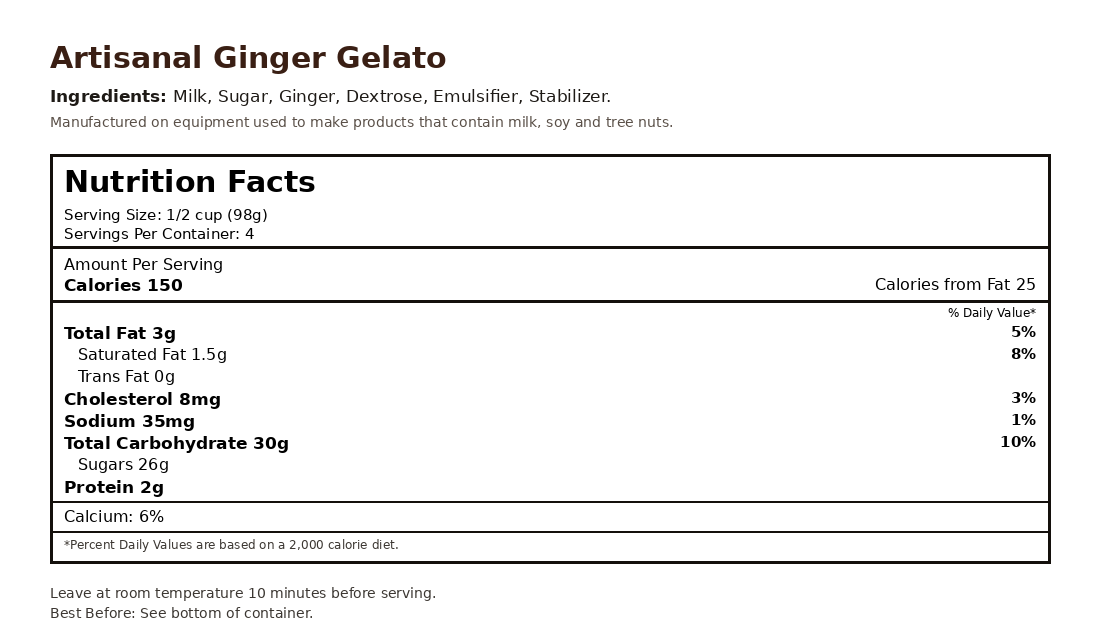 Ginger Gelato nutrition facts label