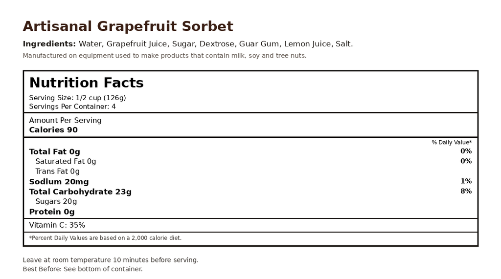 Grapefruit Sorbet nutrition facts label