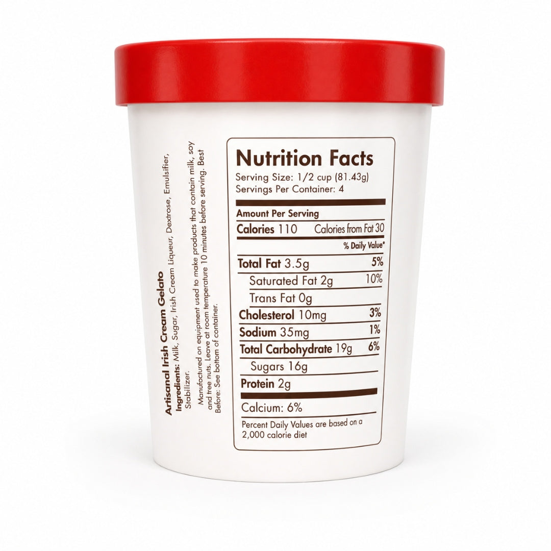 Giovanna Irish Cream Gelato pint nutrition facts label