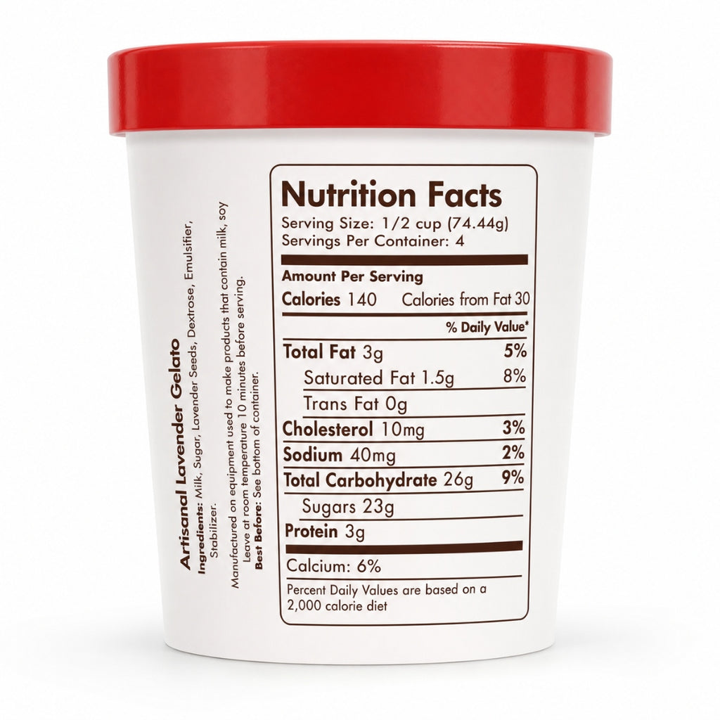 Giovanna Lavender Gelato pint nutrition facts label