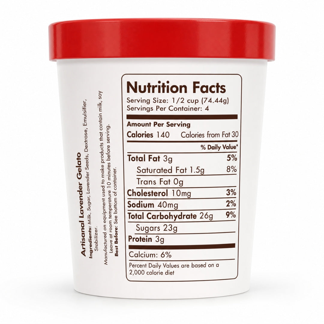 Giovanna Lavender Gelato pint nutrition facts label