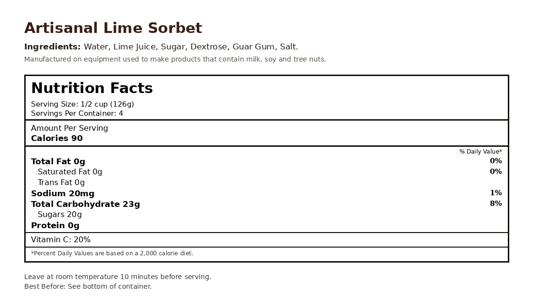 Lime Sorbet nutrition facts label