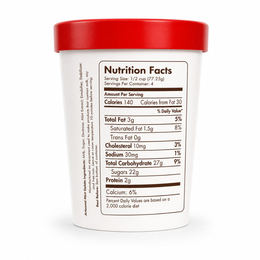 Giovanna Mint Gelato pint nutrition facts label
