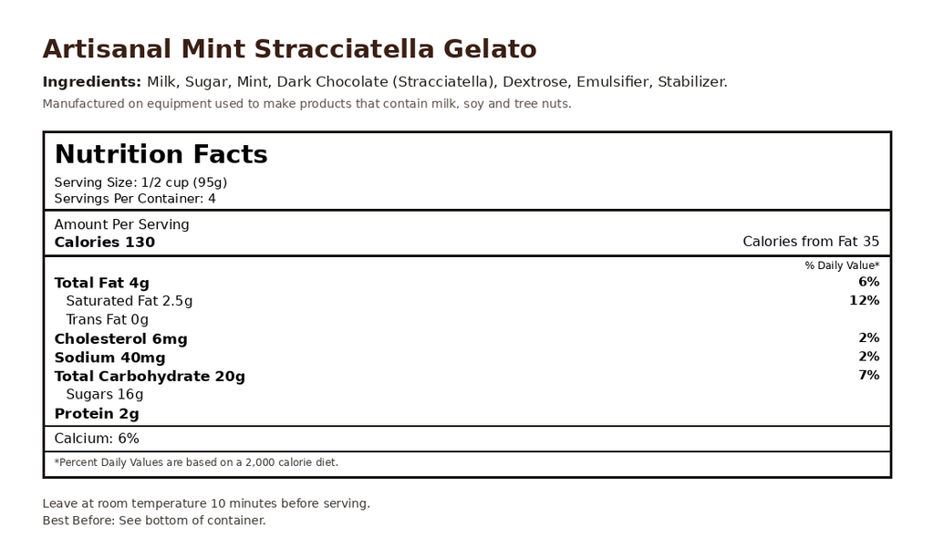 Mint Stracciatella Gelato nutrition facts label