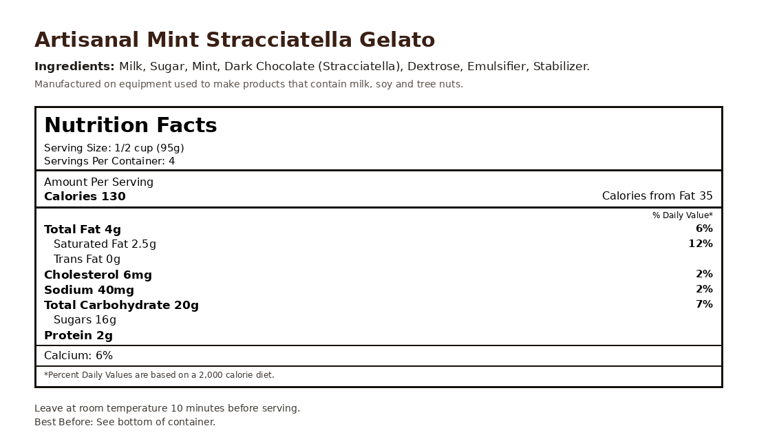 Mint Stracciatella Gelato nutrition facts label