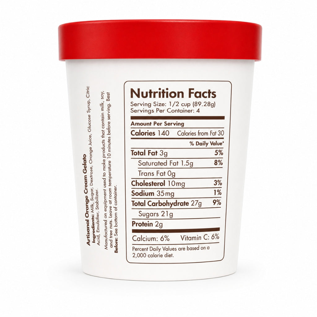 Giovanna Orange Cream Gelato pint nutrition facts label