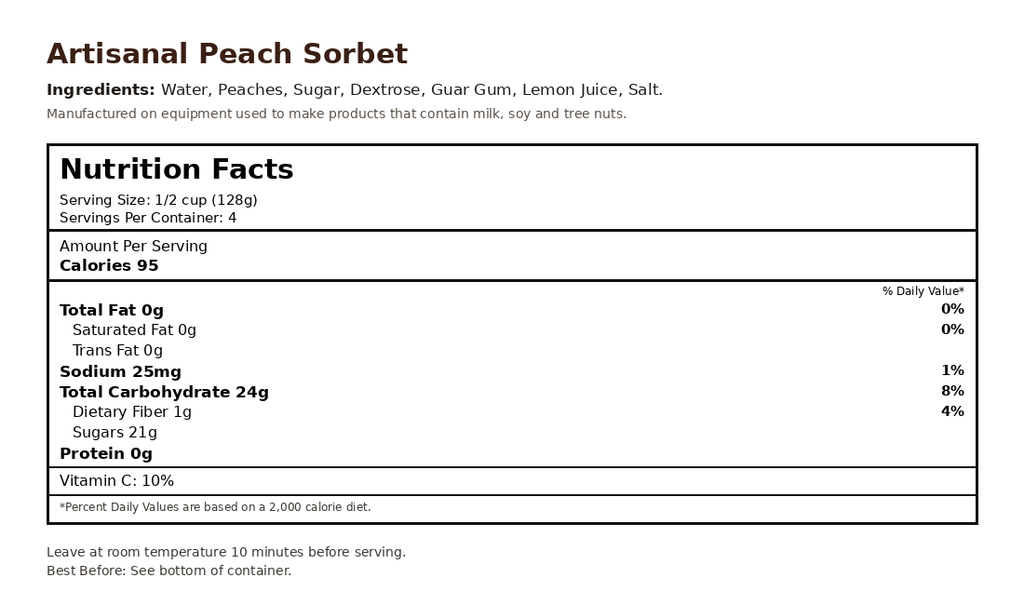Peach Sorbet nutrition facts label