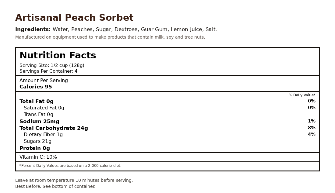 Peach Sorbet nutrition facts label