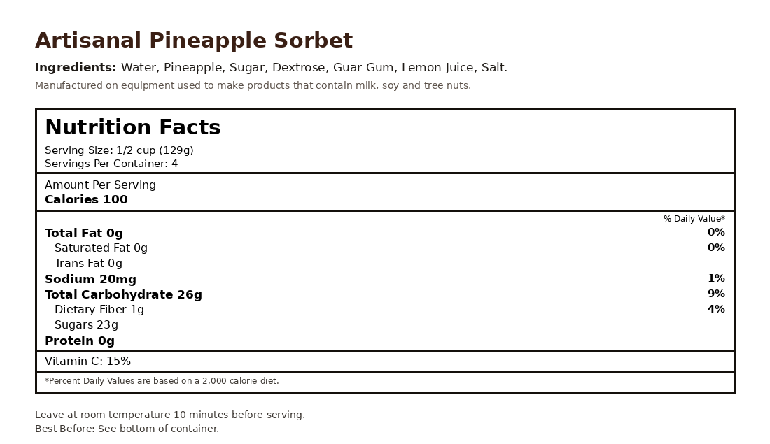 Pineapple Sorbet nutrition facts label
