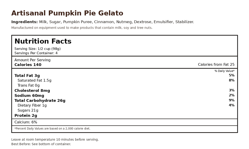 Pumpkin Pie Gelato nutrition facts label