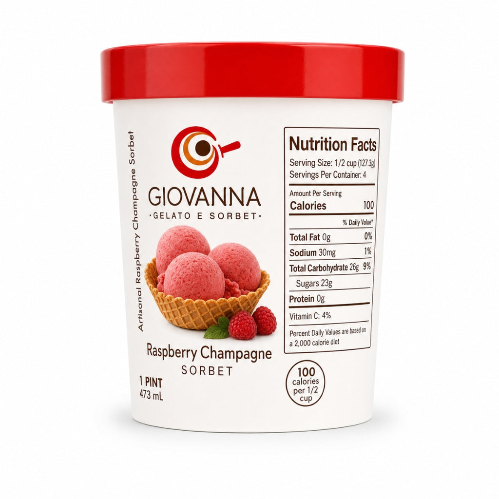 Giovanna Raspberry with Champagne Sorbet pint nutrition facts label