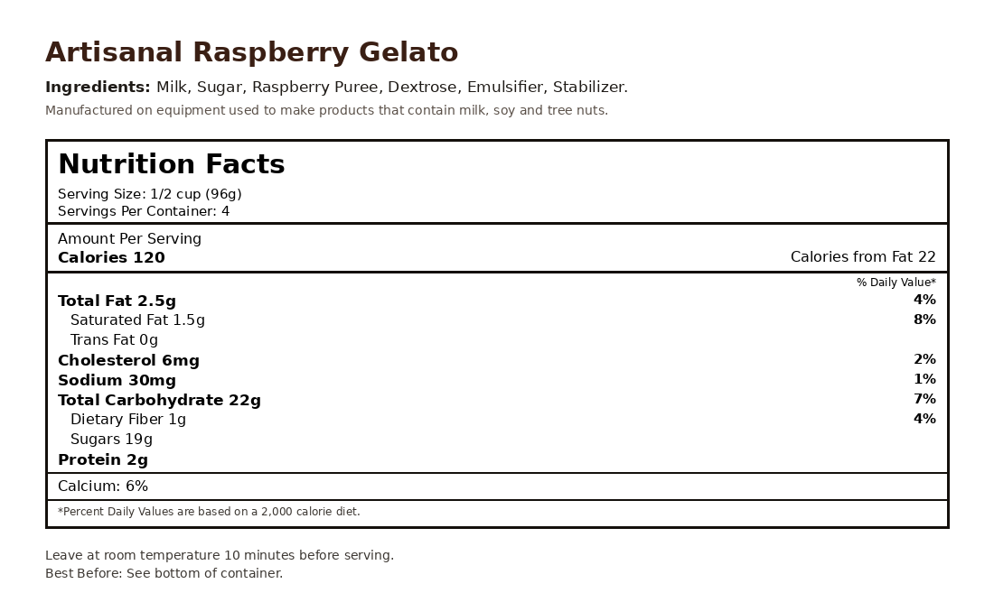 Raspberry Gelato nutrition facts label