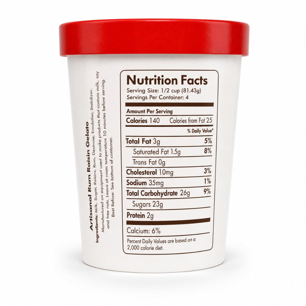 Giovanna Rum Raisin Gelato pint nutrition facts label