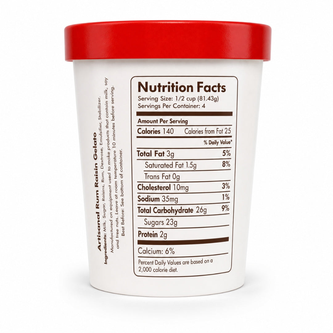 Giovanna Rum Raisin Gelato pint nutrition facts label