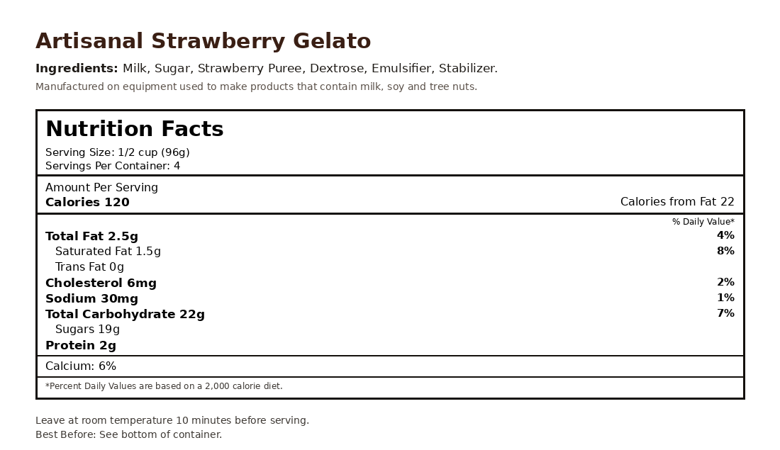 Strawberry Gelato nutrition facts label