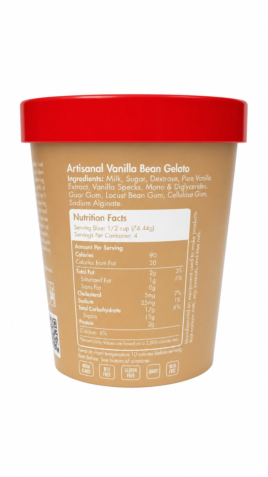Giovanna Vanilla Bean Gelato pint nutrition facts label