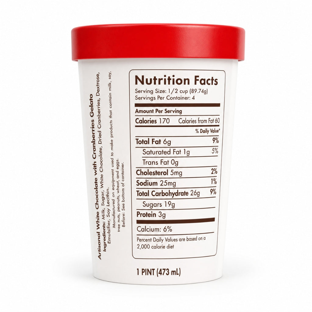 Giovanna White Chocolate Cranberry Gelato pint nutrition facts label