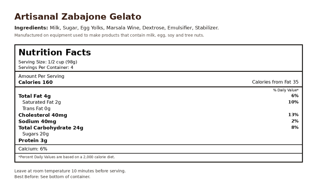 Zabajone Gelato nutrition facts label