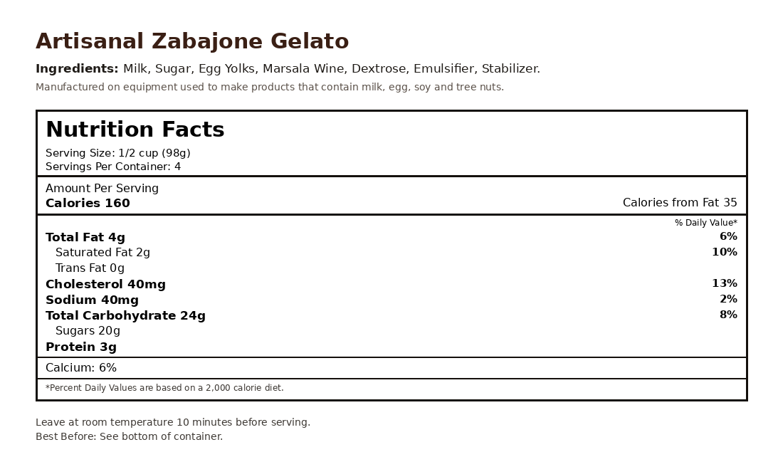 Zabajone Gelato nutrition facts label