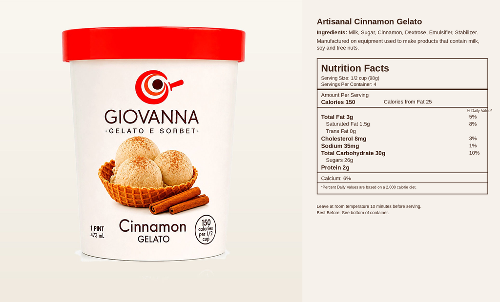 Giovanna Cinnamon Gelato Pint nutrition facts label